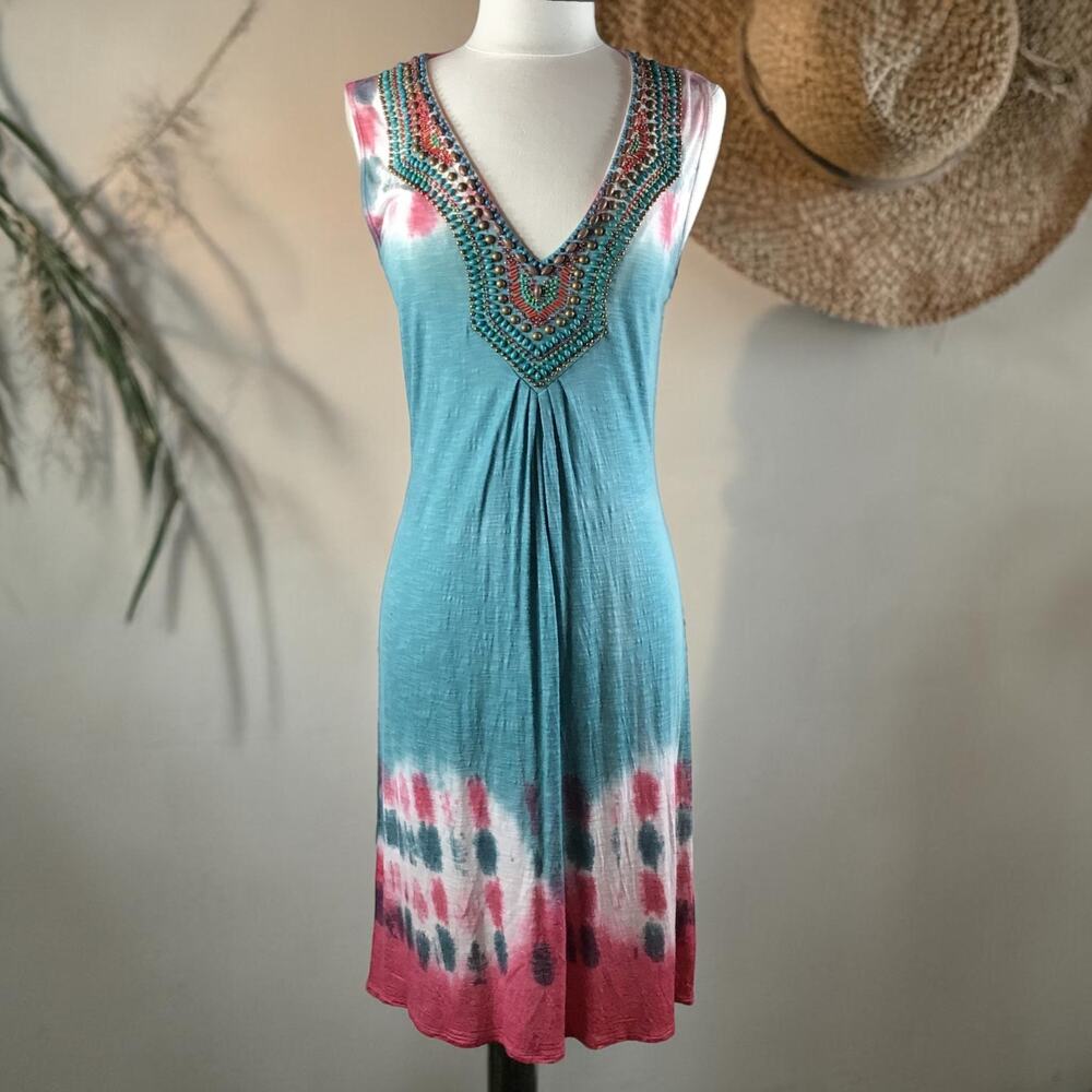 Hale Bob Beaded V-Neck Knee-Length Dress Boho Tie‎ Dye Rayon M Fits S